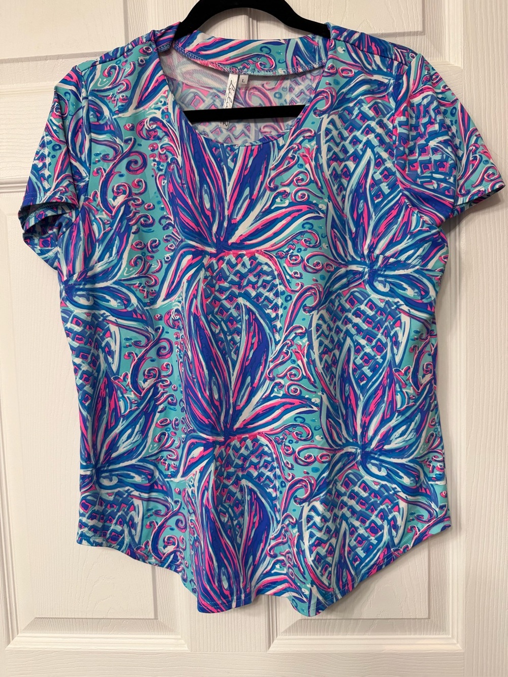 Lulu B Short-Sleeve Floral-Pineapple Top in Turquoise, Pink & Blue